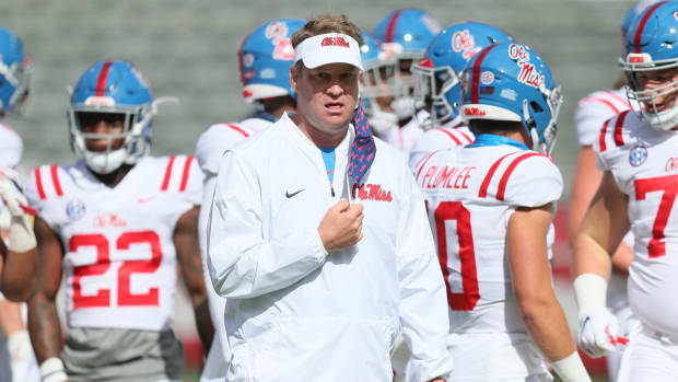 Ole Miss Rebels head coach Lane Kiffin prior to the game against the Arkansas Razorbacks at Donald W. Reynolds Razorback Stadium. Mandatory Credit: Nelson Chenault-USA TODAY Sports